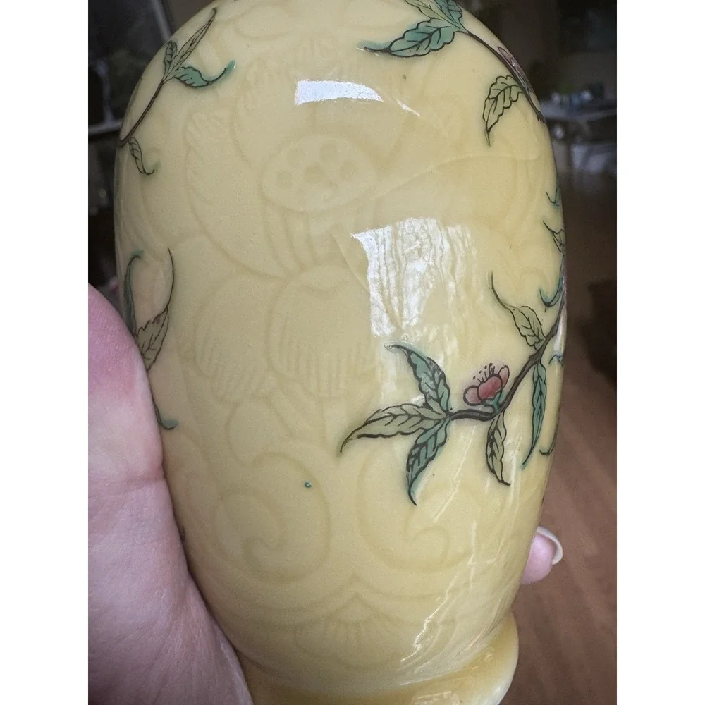 Vintage Chinese Peach Vase Hand Painted‎ Yellow Porcelain Decorated in Hong Kong